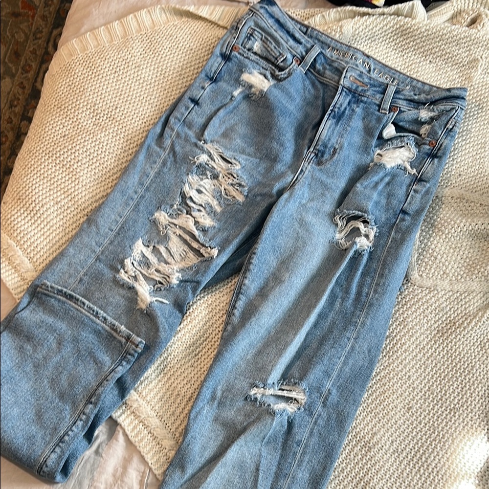 Women's Blue Distressed Mom Jeans